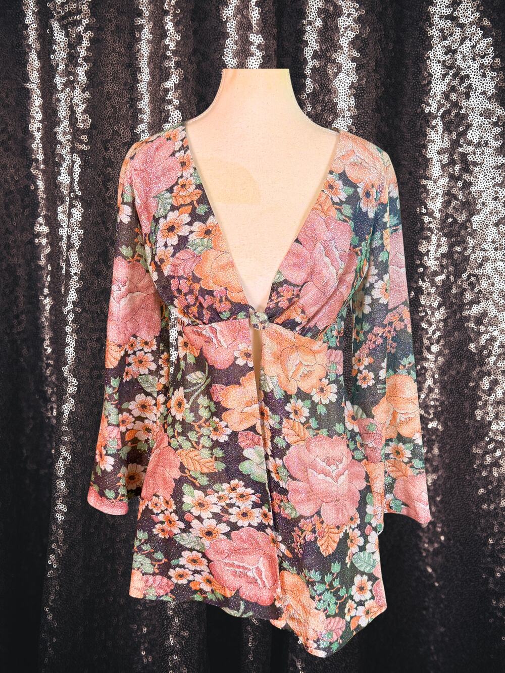 Vintage 70s Claralura Original Metallic Plunge Neck Bell Sleeve Blouse S